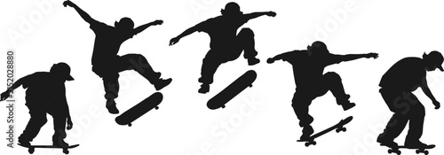 Dynamic silhouette vector illustration of a young male skateboarder jumping high performing an extreme trick in mid-air, active street sports and urban youth lifestyle concept.
