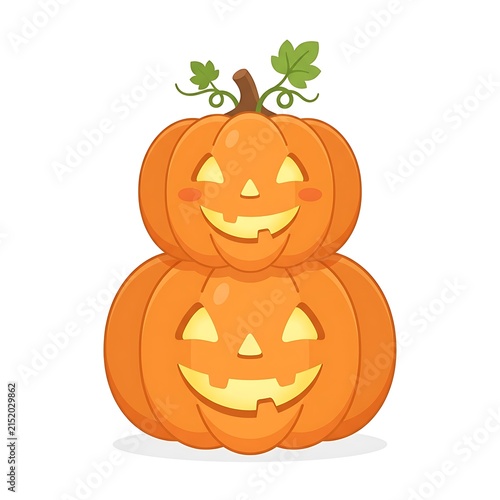 Stacked Halloween pumpkins with smiling faces and green leaves on top in 3D illustration