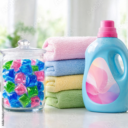 Laundry detergent bottle and stacked pastel towels arranged with a jar of colorful detergent pods. Clean bright composition suitable for laundry or household product use.
