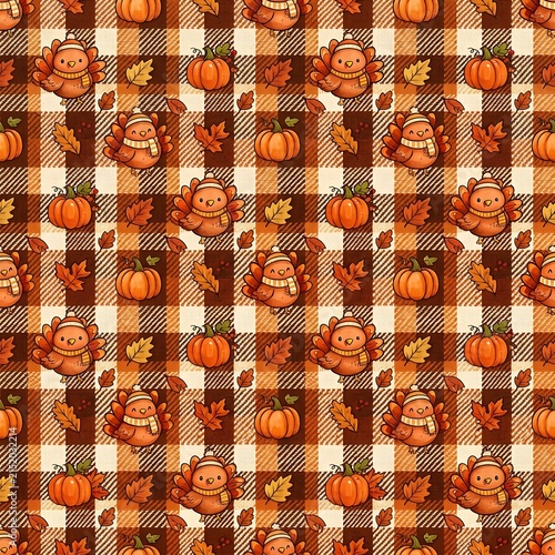 Autumn harvest seamless pattern with pumpkins and gourds on rustic orange background for fall decor