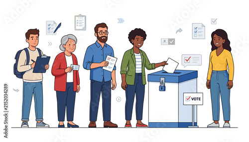 Принти на полотні Diverse voters participating in an election at a polling station with ballot box
