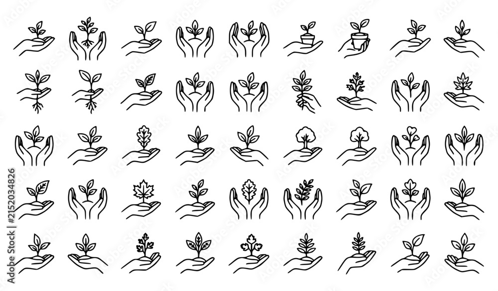 Obraz premium Hands Holding Young Seedling Care Growth Minimalist Line Art Vector Collection
