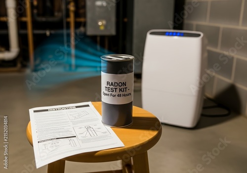 Radon test kit and air purifier in basement safety setup