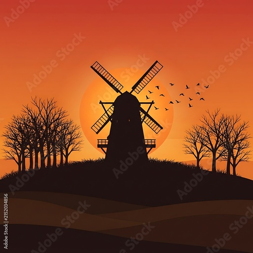 Traditional windmill silhouetted against dramatic sunset sky with flying birds in rural landscape