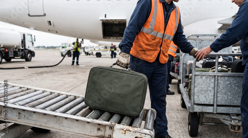 Airport ground crew loading luggage onto aircraft