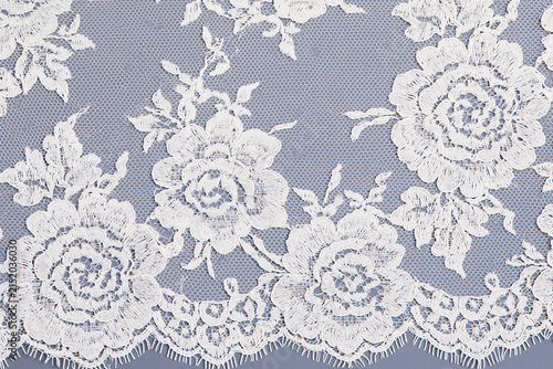 White Floral Lace Trim Fabric with Scalloped Edge Background Texture