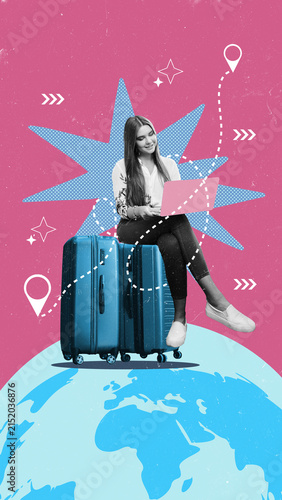 Woman with laptop sitting on suitcase while planning her travel adventure