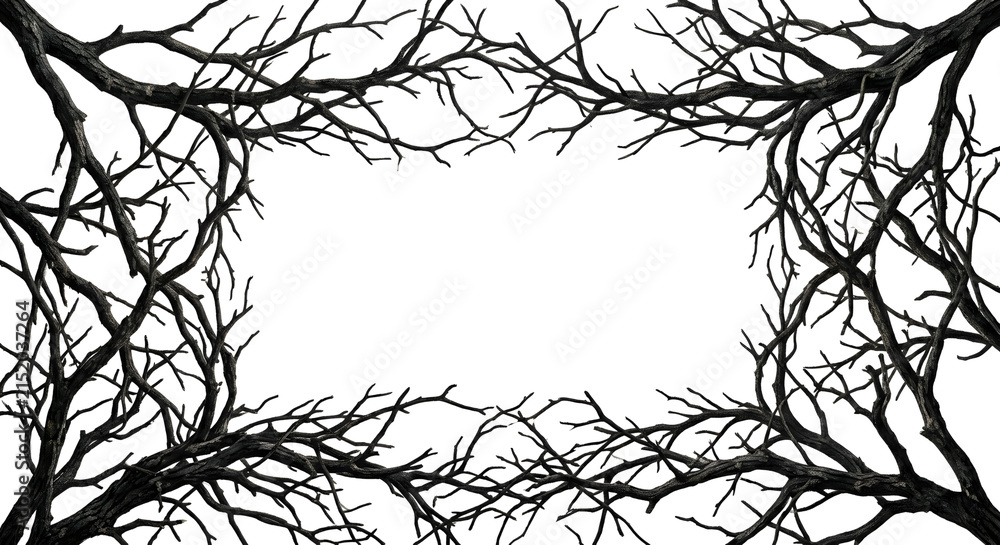 Fototapeta premium Spooky dark dead tree branches rectangular frame on transparent background 