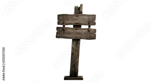 Foto Old weathered wooden sign post with rusty metal brackets on transparent backgrou