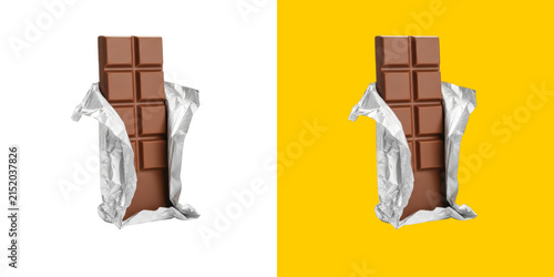 Milk chocolate bar in silver foil wrapper partially opened png