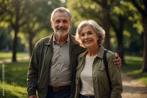 A smiling older couple is standing together outdoors in a green park. The man has his arm around the woman, and both are looking toward the camera with warm expressions. The natural surroundings and s