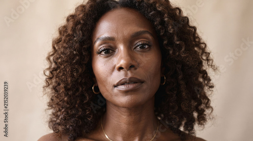 Portrait of a confident middle aged woman with curly hair against a neutral background.