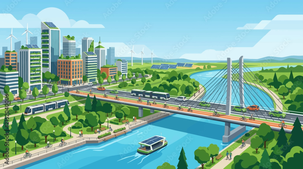 Fototapeta premium A vibrant, futuristic eco-city with sustainable architecture, renewable energy sources, and efficient public transportation systems.