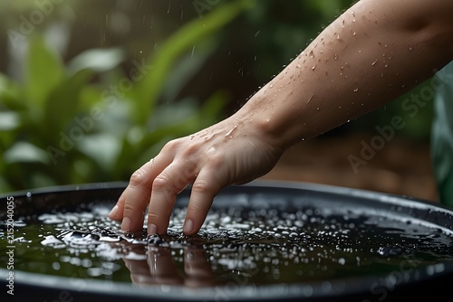 A close-up shows a person's hand reaching into shallow flowing water over a bed of small stones and pebbles. The natural outdoor setting, greenery, water droplets, and soft background create a calm an