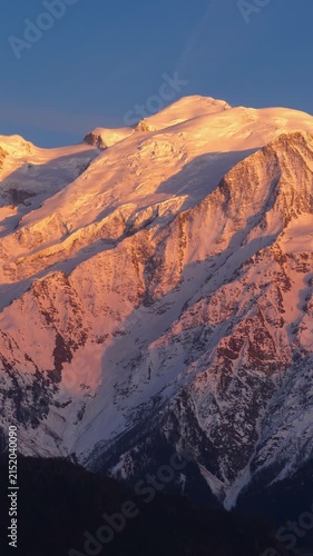 Timelapse of Mont Blanc Massif and glaciers from sunset to twilight. Chamonix, Haute-Savoie, French Alps, France