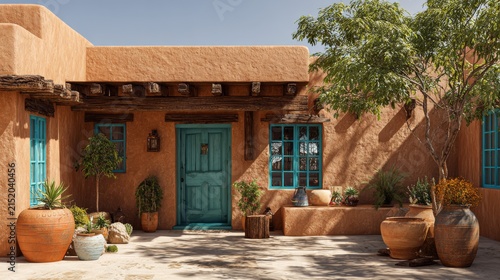 Southwestern style courtyard home with turquoise doors & window frames, terracotta pots, shaded by a tree