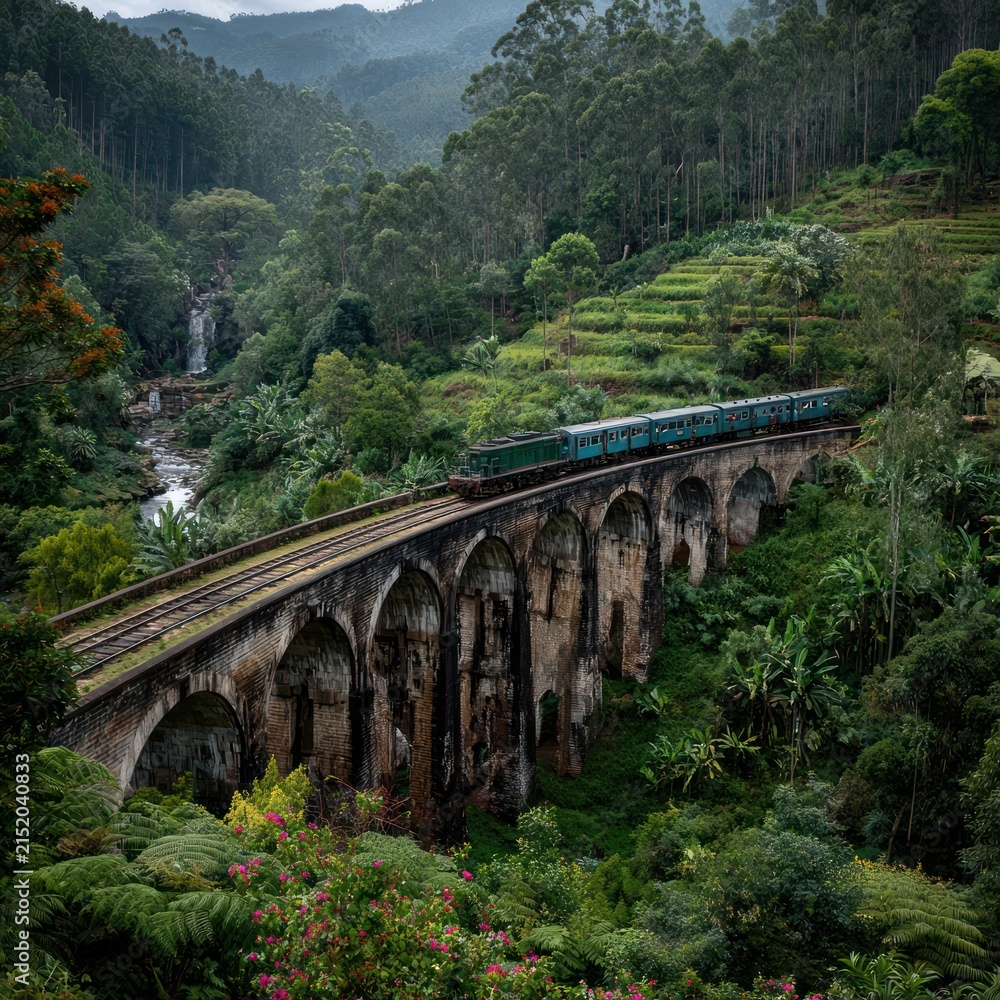 Fototapeta premium Vintage Passenger Train Traveling Through Lush Green Mountain Landscape