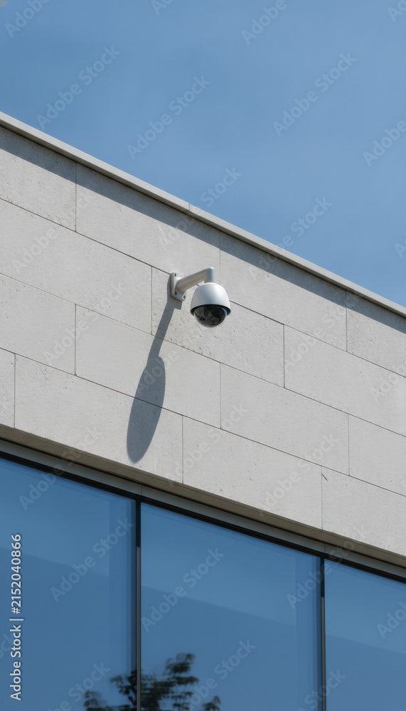 Obraz premium Dome security camera on modern building exterior with blue sky