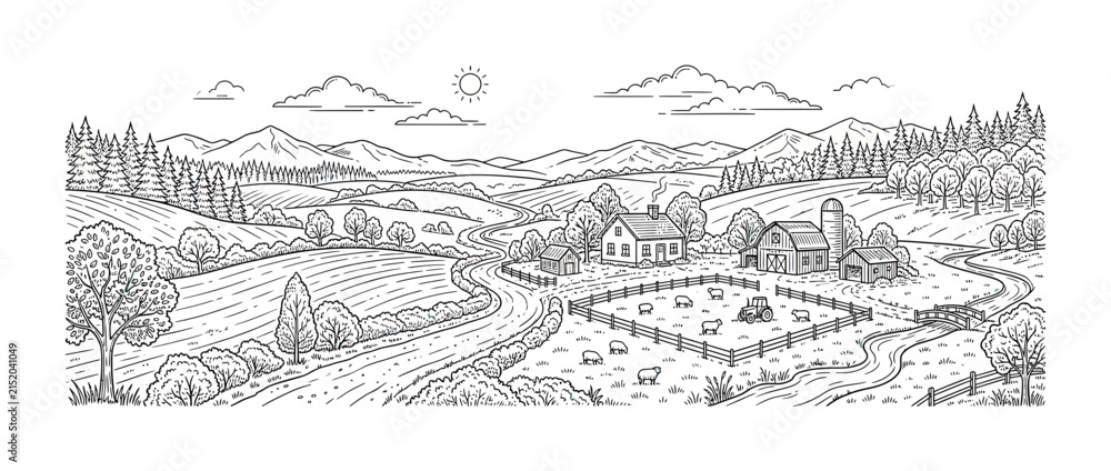 Fototapeta premium Vintage Farm Landscape with Sheep and Rolling Hills