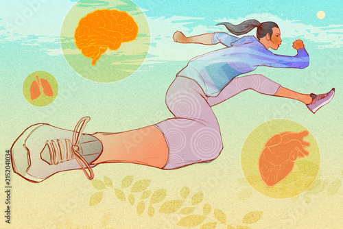 Woman hurdling with healthy brain, lungs and heart