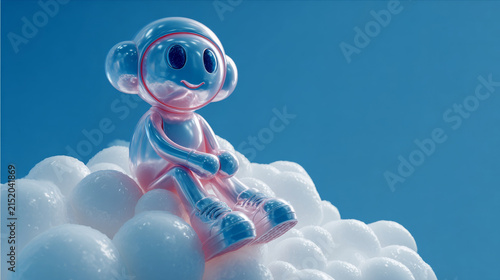 Bubble character glossy surface cute toy, smiling figure sitting on foam cloud
