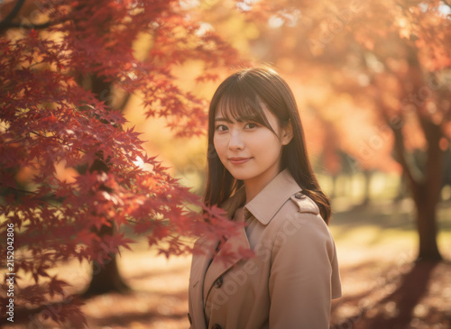 Young Asian woman in trench coat standing among autumn maple trees