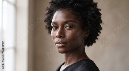 Portrait of a beautiful young African American woman with natural curly hair looking at the camera.