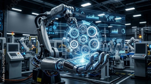 Robotic Hand Presenting Glowing Digital Interface Gears Symbolizing Artificial Intelligence Automation In Modern Factory Setting