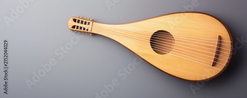 A wooden lute with multiple strings displayed horizontally against a neutral gray background.