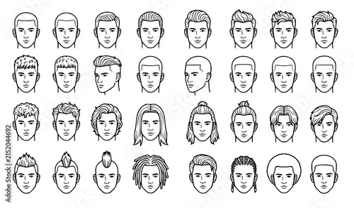 Quadro su tela Male Hairstyle Head Black White Line Art Vector Set 30 Haircuts and Hair Designs