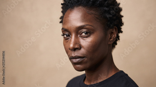 Portrait of a confident middle aged Black woman with short natural hair.