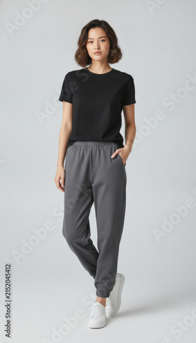 Young Asian woman in black t-shirt and gray joggers standing on white background