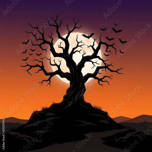 Silhouetted bats flying around a spooky dead tree against a large full moon at sunset.