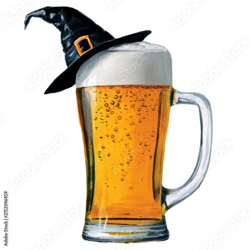 A frothy mug of beer wearing a black witch's hat, blending a festive Halloween theme with a refreshing drink.