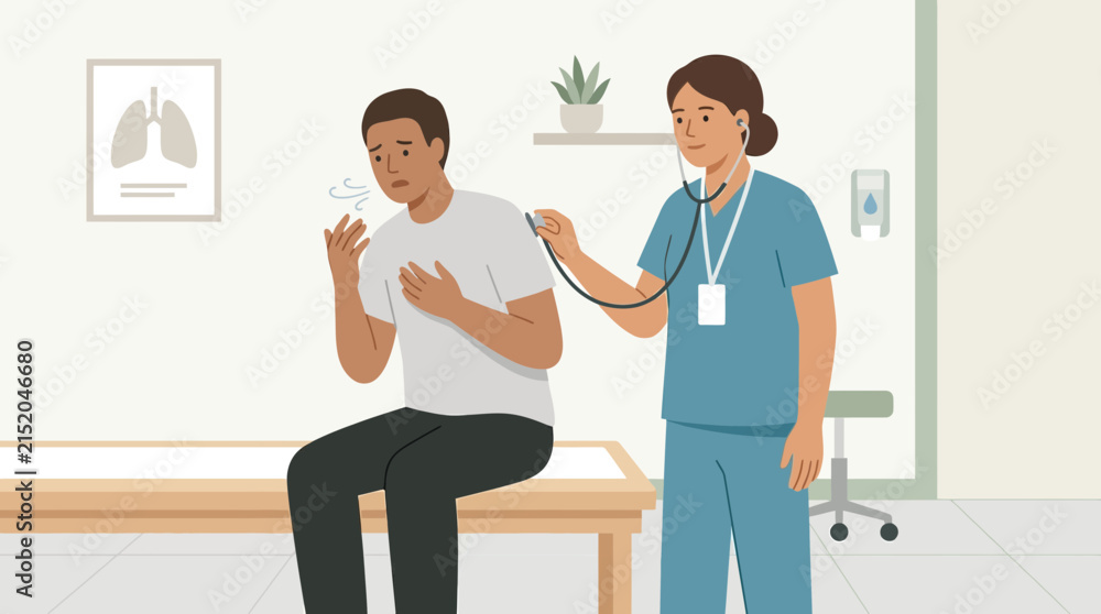 Obraz premium Doctor examining patient with stethoscope, chest discomfort, medical checkup