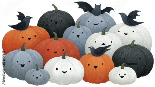 Cute illustrated pumpkins with smiling faces, accompanied by black birds and bats, featuring Halloween-themed colors and friendly expressions.