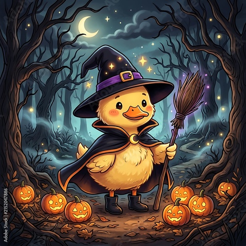 Cute cartoon pumpkin character in witch hat holding broomstick for Halloween celebration