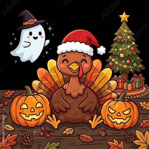 Cute cartoon turkey with Santa hat celebrating Halloween and Christmas holidays together