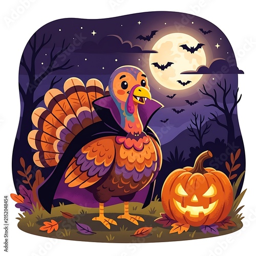 Cute cartoon turkey in vampire costume standing with glowing jack-o-lantern at night.