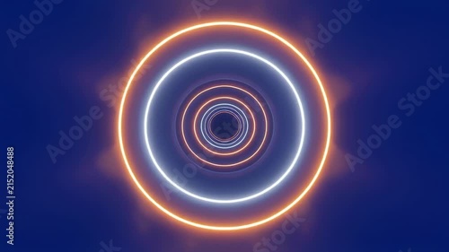 Abstract glowing neon rings moving inward on a dark blue background
