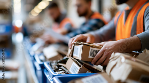 Within a bright returns center, faceless staff sort crushed boxes into inspection bins, ecommerce logistics, damaged parcels, refund processing, reverse supply chain, warehouse workflow,