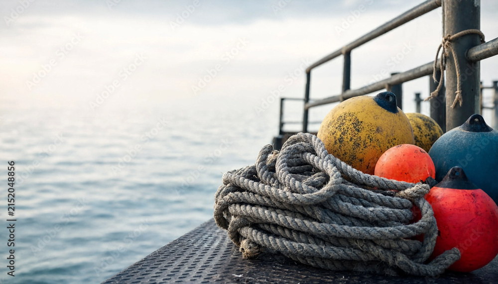 Obraz premium A coiled rope and several colorful buoys rest on a metal pier railing beside a calm sea at daylight. The composition emphasizes nautical equipment and tranquil waters.