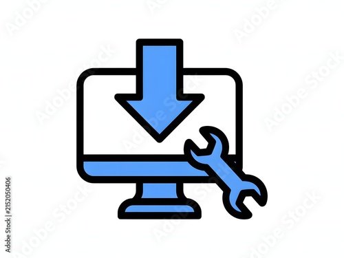 Computer screen with a download icon and wrench tool symbolizing system updates or fixes