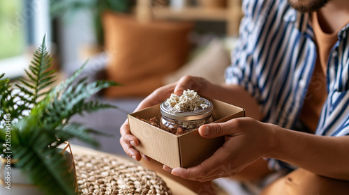 Receiving an online order in a bright living room, a faceless dissatisfied customer examines a damaged product inside an open box, cropped hands and torso, delivery problem, wrong