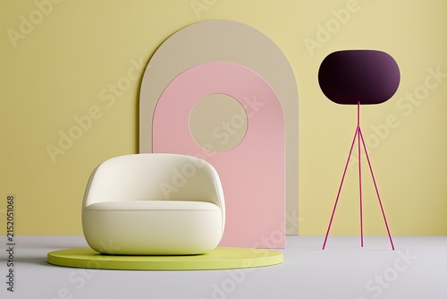 Soft modern interior scene with rounded furniture, geometric arch backdrop, and tripod lamp