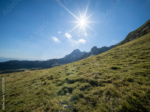Sunlit alpine meadow and mountain ridge in Berner Oberland - panoramic summer landscape in the Swiss Alps