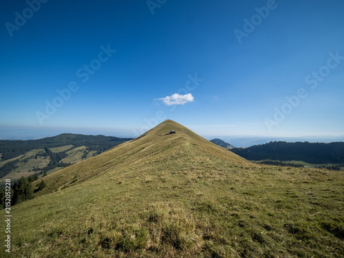 Grassy mountain ridge and hiking trail in Berner Oberland - panoramic Swiss Alps vista under clear blue sky
