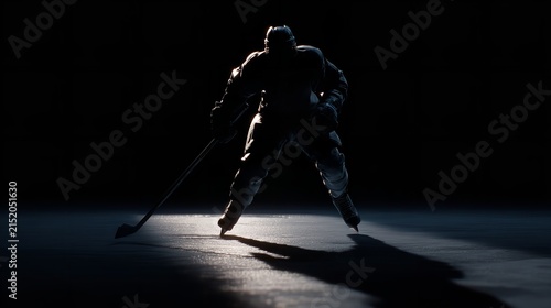Powerful hockey player silhouetted on ice, ready for action under dramatic spotlight.