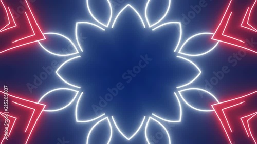 Abstract Neon Starbursts Rotate Against Dark Blue Background with Copy Space