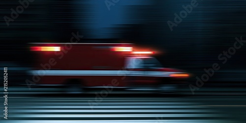 Blurred red emergency vehicle speeding on dark road with flashing lights